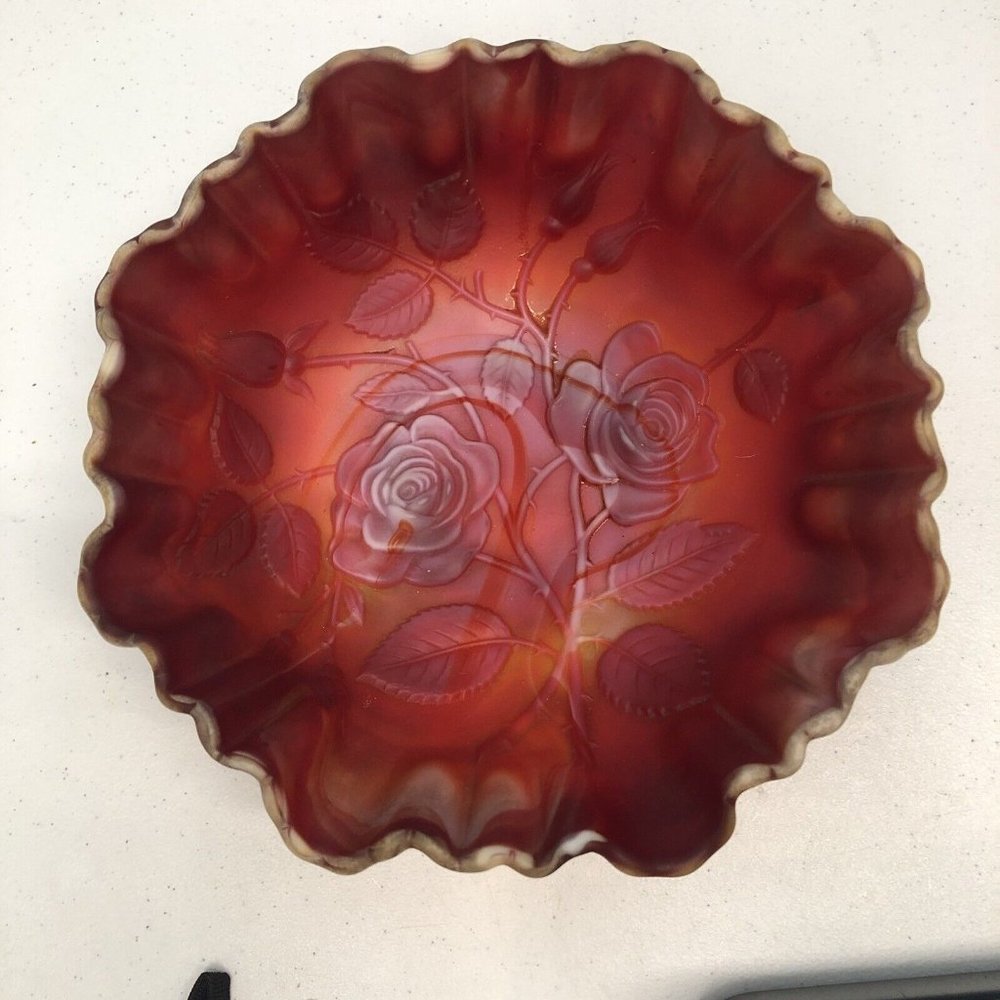 Vintage Red and White Slag Imperial Glass Open Rose Bowl Crimped Edge 9" wide